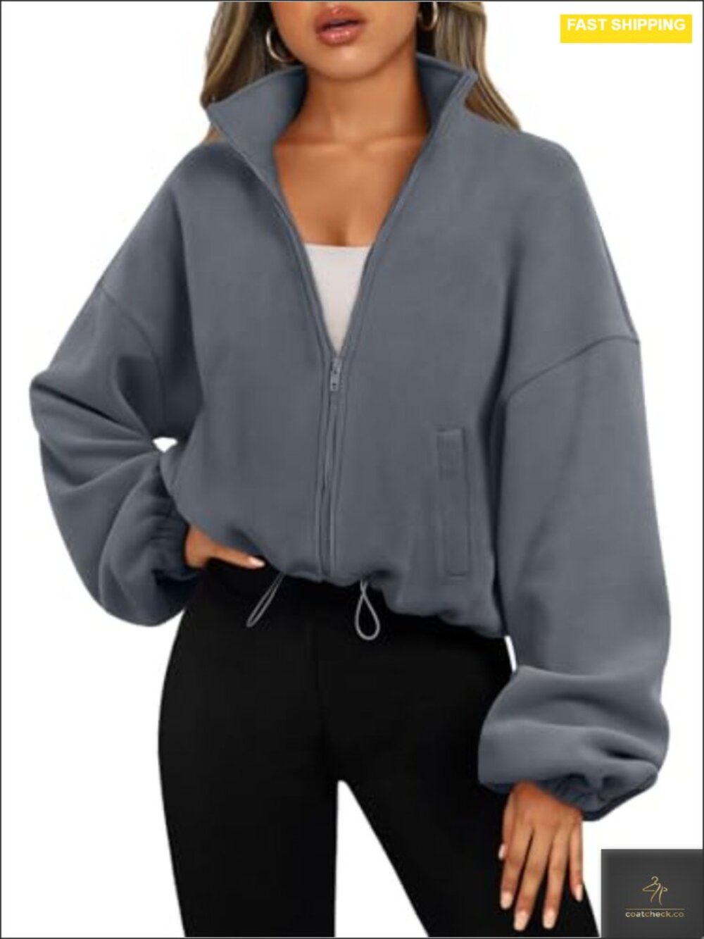Women's Oversized Cropped Fleece Jacket Zip Up Full-Zip Long Sleeve Y2K
